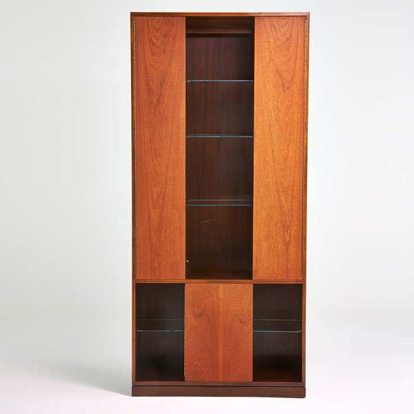 HARVEY PROBBER; HARVEY PROBBER DESIGNS INC.: Illuminated cabinet, Falls River, MA, 1960s; Mahogany, teak, glass; Unmarked; 84" x 38 1/2" x 15"