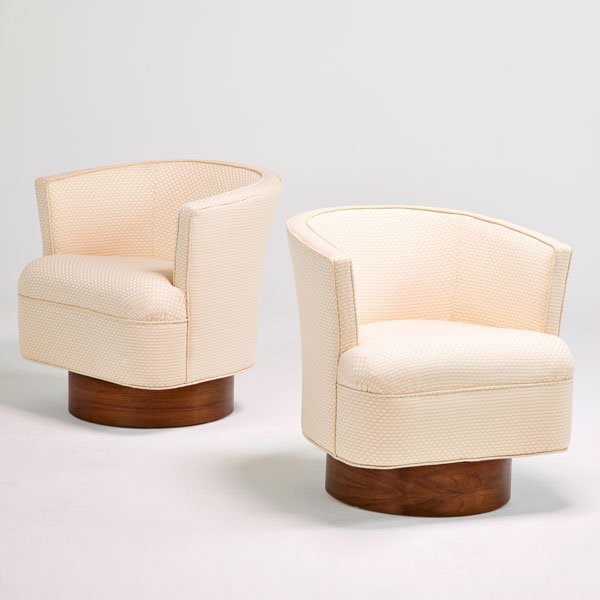 HARVEY PROBBER: Pair of lounge chairs, USA, 1960s; Walnut, upholstery; Unmarked; Each: 30" x 30 1/2" x 27"