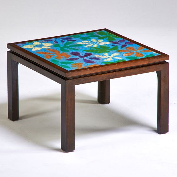 HARVEY PROBBER; HARVEY PROBBER INC.: Side table, Falls River, MA, 1950s; Enameled copper, mahogany; Unmarked; 14" x 20 3/4" sq.