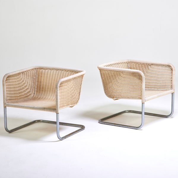 HARVEY PROBBER: Pair of lounge chairs, Falls River, MA, 1970s; Chromed steel, woven plastic cord; Unmarked; 24" x 26" x 25"
