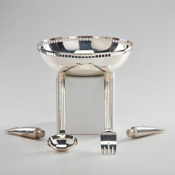 RICHARD MEIER; SWID POWELL: Three pieces: "Skyscraper" salad bowl with serving fork and spoon, together with paint tube salt and pepper shaker set, Italy, ca. 1980s; Silverplate; Swid Powell marked; Bowl 3" x 10" dia.
