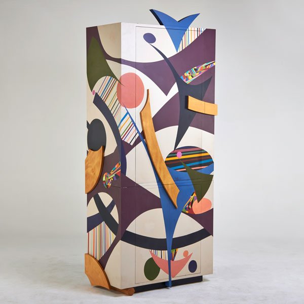 JAY STANGER: Two piece bar, S. Easton, MA, 1988; Painted wood, birch plywood, glass; Signed; Closed: 101 1/2" 42 1/2" x 24"