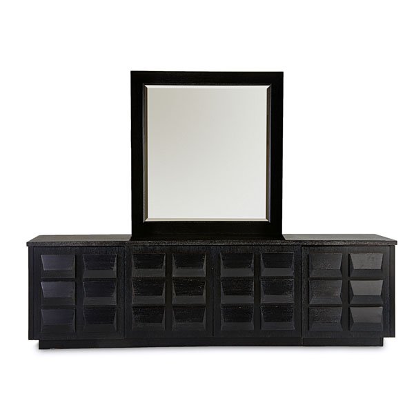 JAMIE HERZLINGER: Prince cabinet and matching mirror, together with two glass door upper cabinets (pictured in secondary photo), New York, 2000s; Cerused oak; Unmarked; Lower cabinet: 37" x 125" x 28 1/2", mirror: 60"