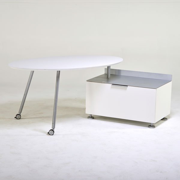 LIGNE ROSET: Swivelling desk with file cabinet return, France, 1990s; Laminate, enameled metal, casters; Unmarked; 29" x 59" x 34 1/2", cabinet: 22" x 35 1/2" x 22"