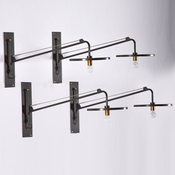 CONTEMPORARY LIGHTING: Set of four oversized industrial style swing-arm sconces, USA, ca. 1990s; Patinated and chromed steel, spun brass; All marked Luminaire; 23" x 55" x 15 1/2"