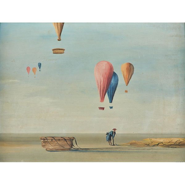 JOHN MORRIS (American, b. 1965): Oil on canvasboard of hot air balloons (framed); Signed; 11 3/4" x 15 3/4"