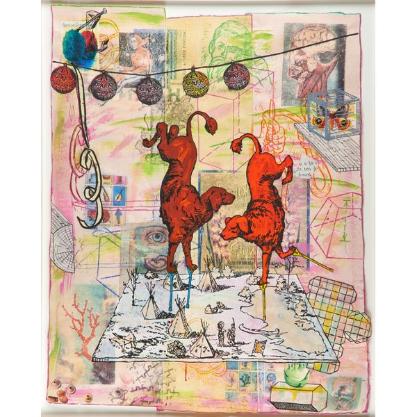 JANE HAMMOND (American, b. 1950): Mixed media and collage on rice paper; "Dog Dance," 1998 (framed); 38 1/2" x 30" (irregular) (sheet)