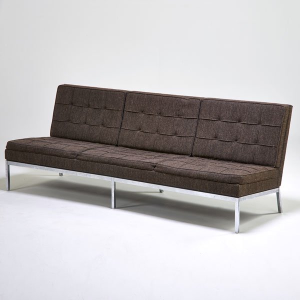 FLORENCE KNOLL; KNOLL ASSOCIATES: Sofa, New York, 1960s; Chromed steel, upholstery; Unmarked; 31" x 84" x 30"