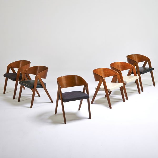 ALLAN GOULD; HERMAN MILLER: Six Compass chairs: four dining, two lounge, Zeeland, MI, 1941; Birch, upholstery; Unmarked; Dining chairs: 27 1/2" x 20" x 19 1/2", lounge: 25" x 21" x 20"