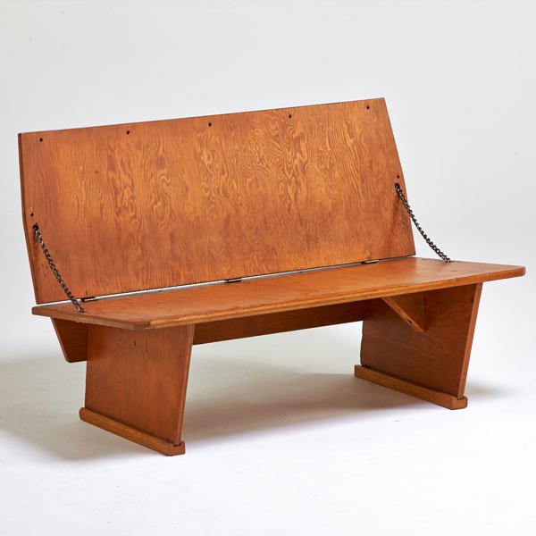 FRANK LLOYD WRIGHT: Folding bench, made for the Meeting House, First Unitarian Society in Madison, WI, 1951; Plywood, oak, metal chain; Branded; 27" x 42" x 24"