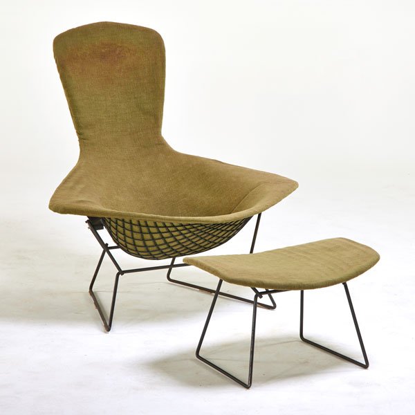 HARRY BERTOIA; KNOLL ASSOCIATES: Bird chair and ottoman, USA, 1960s; Painted metal, rubber, upholstery; Both tagged; Chair: 38 1/2" x 38" x 35", ottoman: 14" x 24" x 17"