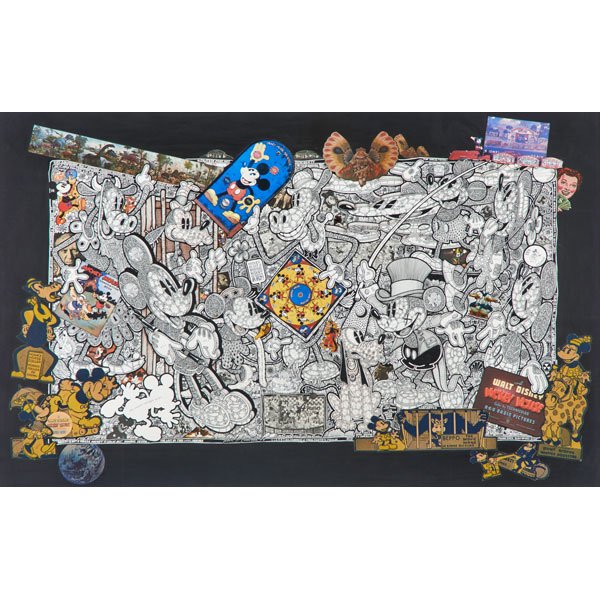 JOHN S. FAWCETT (American, 20th c.): Mixed media on illustration board; "Mickey is not a Mouse, Mickey is Great Art (#7 Red Cut Out)," 1983 (framed); Signed and titled; 24" x 35" (sheet)
