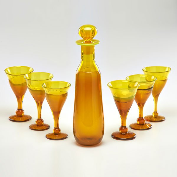 JOEL PHILLIP MEYERS: Decanter and six goblets, 1971; Hand-blown glass; Each signed and dated; Decanter: 17 1/4" x 4 1/2"