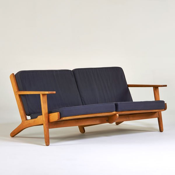 HANS WEGNER; GETAMA: Sofa, Denmark, 1960s; Maple, upholstery; Unmarked; 27" x 66 1/2" x 32"
