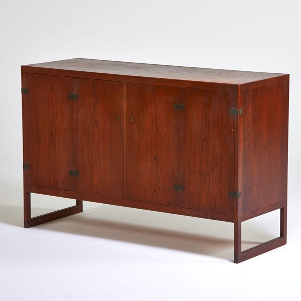 BORGE MOGENSEN: Bifold door cabinet, Denmark, 1950s; Teak, brass; Unmarked; 35 1/2" x 54 1/4" x 19 3/4"