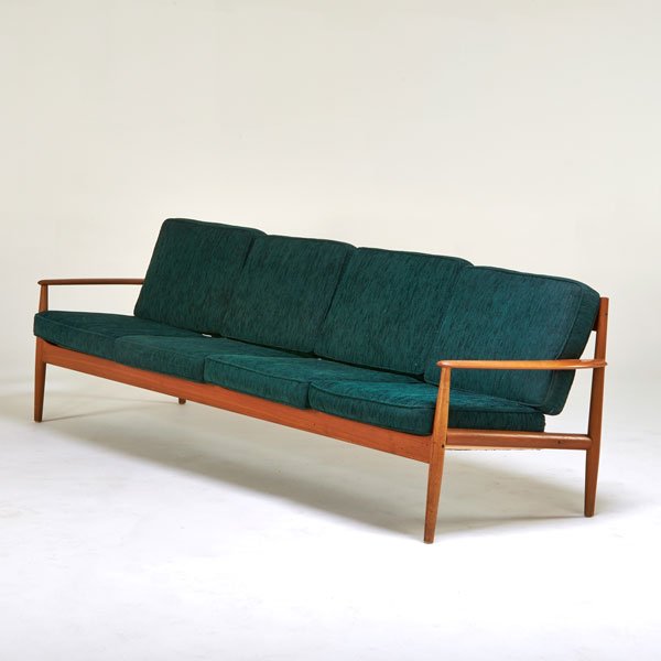 GRETA JALK; FRANCE AND SON: Sofa, Denmark, 1960s; Teak, upholstery; Manufacturer metal label; 30" x 97 1/2" x 30"