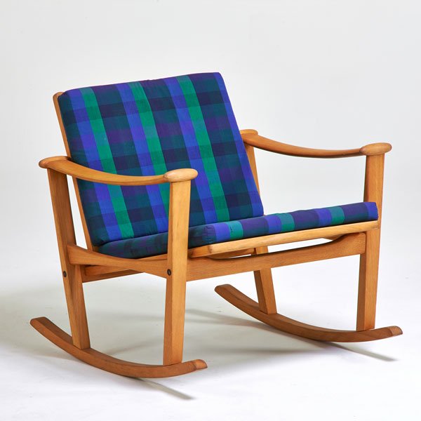 FINN JUHL; FRANCE AND SON: Rocking chair, Denmark, 1960s; Beech, upholstery; Unmarked; 26" x 27" x 28"