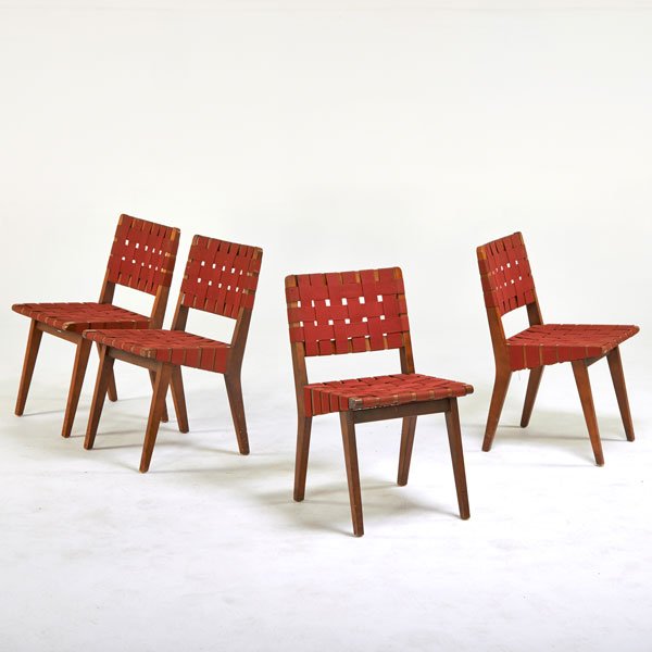 JENS RISOM; KNOLL ASSOCIATES: Four side chairs, New York, 1950s; Stained beech, canvas webbing; Three with early manufacturer labels; 30 1/2" x 22" x 17 1/2"