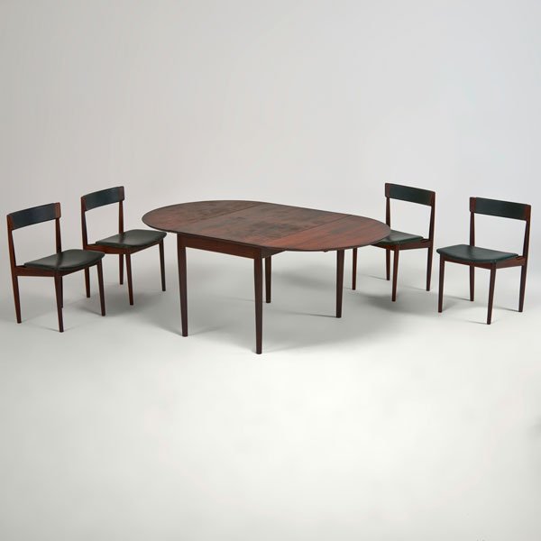HENRY ROSENGREN HANSEN; BRANDE MOBELINDUSTRI: Dining set: drop-leaf extension dining table and four side chairs, Denmark, 1960s; Rosewood and leather; Chairs with manufacturer labels; Table as shown: 28 1/2" x 70" x 42", two leaves: 22", chairs: