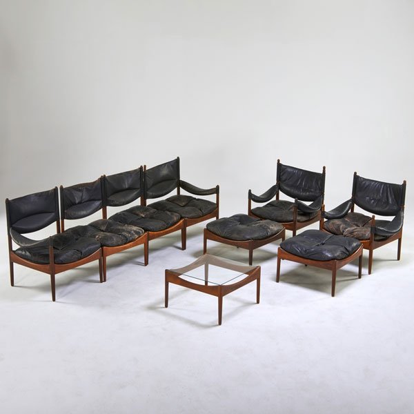 KRISTIAN VEDEL; SOREN WILLADSEN: Ten pieces: Two Modus lounge chairs and ottomans, four piece sofa: two arm-, two side-, and two side tables, Denmark, 1960s; Rosewood, leather, glass; Unmarked; Chair: 30 1/2" x 25" x 29"