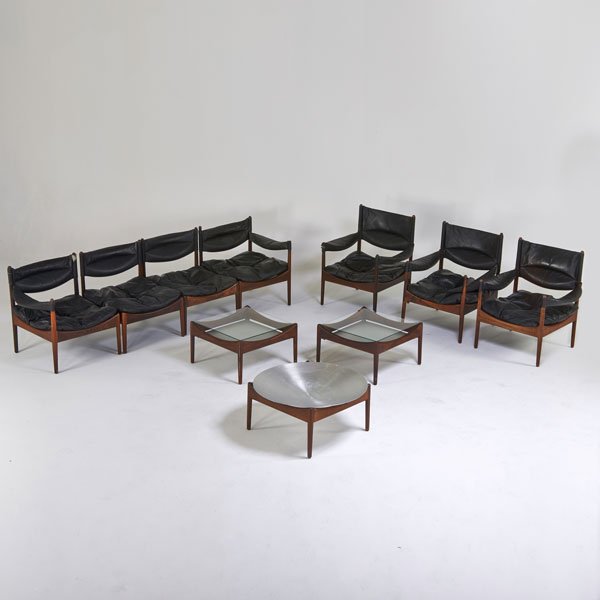 KRISTIAN VEDEL; SOREN WILLADSEN: Ten pieces: three Modus lounge chairs; four-piece sofa: two arm-, two side- and three tables, Denmark, 1960s; Rosewood, leather, aluminum, glass; Unmarked; Sofa (as shown): 26" x 94" x 25"