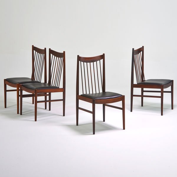ARNE VODDER; SIBAST: Set of four tall back dining chairs; Rosewood, vinyl; Manufacturer and vinyl labels; 30 1/2" x 19 1/2" x 21"