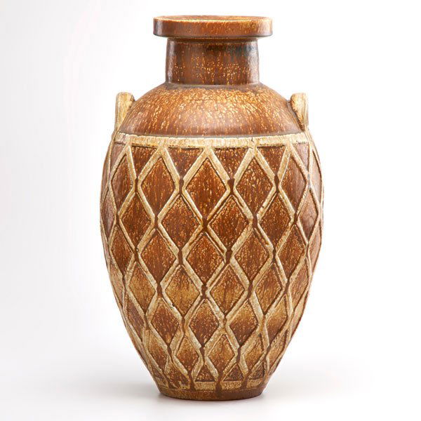 GUNNAR NYLAND; RORSTRAND: Floor vase embossed with basketweave design under brown matte glaze, Sweden, 20th c; Stoneware; Marked; 22" x 12" dia.