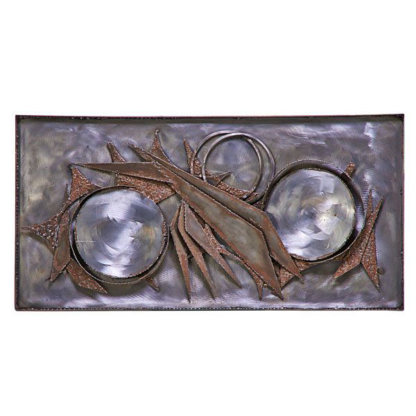 KNUD RASSMUSEN: Wall sculpture, 1974; Cut, welded, and brushed steel; Signed and dated; 20" x 39 1/2" x 1 1/4"