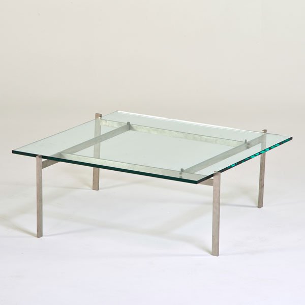 POUL KJAERHOLM; FRITZ HANSEN: Coffee table (PK-51), Denmark, 1999; Matte chromed steel, glass, plastic; Unmarked; Fritz Hansen label; 12 1/2" x 32 1/2" sq.
