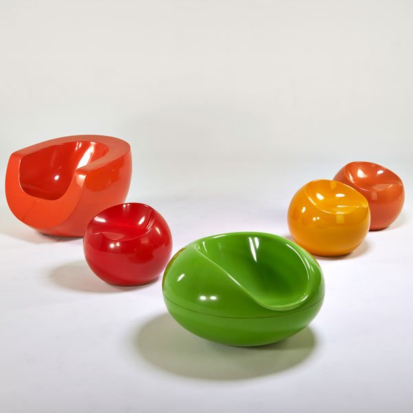 EERO AARNIO; ETC.: Pastil chair, together with four similar chairs in varying sizes, 20th c.; Gel-coated fiberglass; All unmarked; Pastil chair: 19" x 34" x 34"