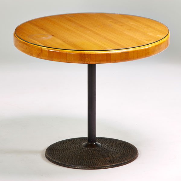 ILMARI TAPIOVAARA ATTR.: Caribe dining table, Finland, ca. 1970s; Unmarked; Maple, enameled steel, and glass; 30 1/2" x 36" dia.