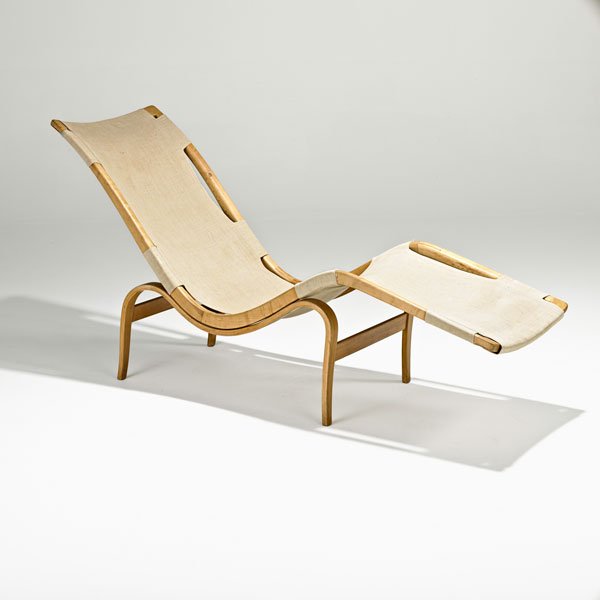 BRUNO MATHSSON: Pernilla chaise, Sweden, 1936; Bent birch, laminated beech, canvas; Manufacturer's labels, stamped; 32 3/4" x 63 1/2" x 19 3/4"