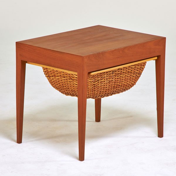 SEVERIN HANSEN: Sewing table, Denmark, 1960s; Teak, oak, woven wicker; Manufacturer labels; 19 1/2" x 23 1/4" x 17 1/4"