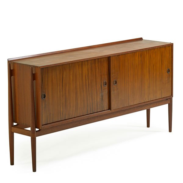 ARNE VODDER: Sliding door cabinet, Denmark, 1950s; Teak, walnut; Unmarked; 34" x 66" x 15"