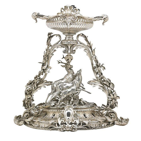 MONUMENTAL CHRISTOFLE SILVER-PLATED CENTERPIECE: In the rococo style, pierced oval bowl on scrolling supports with oak or laurel foliage frames figural group of stag, doe and fawn, Paris, ca. 1906; Marked underfoot #2154249, each element impressed m