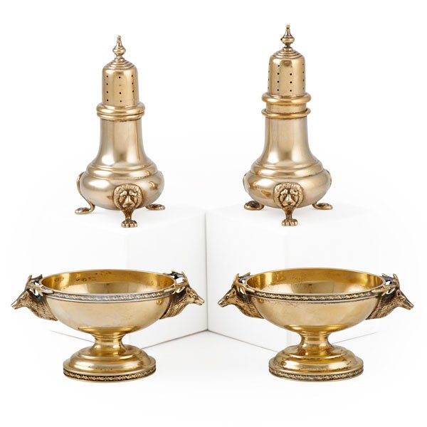 MASTER SALTS AND SALT AND PEPPER SHAKERS: Four pieces: Pair coin silver master salts with stag head handles, John L. Westervelt, Newburgh, N.Y, ca.1860, 2 3/8" x 9 1/2" x 2 1/2"; Pair Fisher sterling salt and pepper shakers; 20th c.; 12 OT