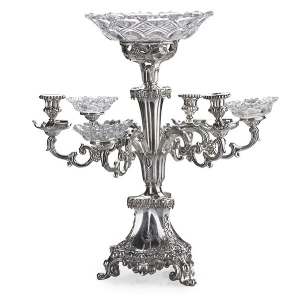 GEORGIAN SILVER PLATED EPERGNE: Six arms fitted with crystal center bowl and three sweetmeat bowls, armorial engraved, England, late 19th - early 20th c.; No visible markings; 26" x 24"