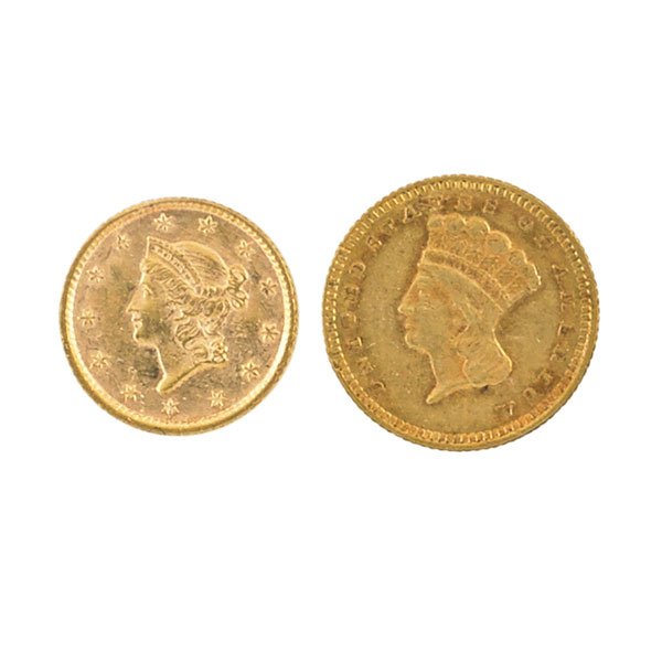 U.S. GOLD COINS OR MEDALS: Three pieces: 1854 1 dollar gold coin, 1873 1 dollar gold coin, and a 1977 Jimmy Carter 14k medal