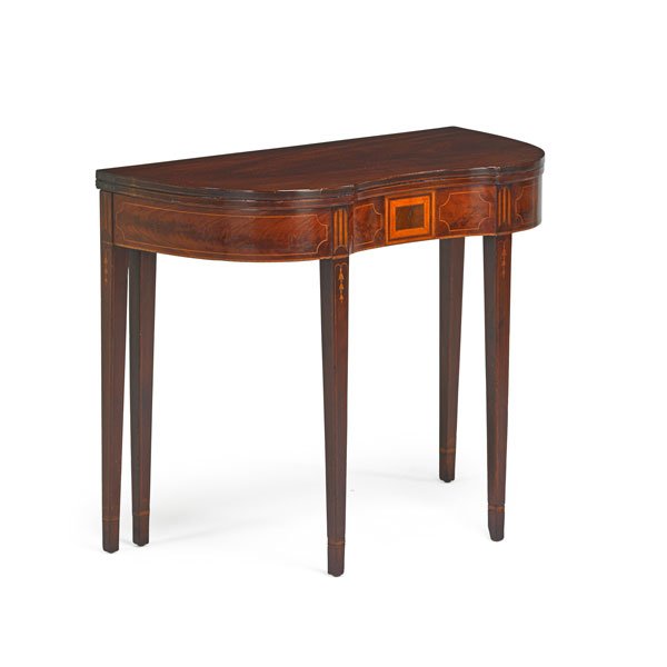 HEPPLEWHITE CARD TABLE: Mahogany, line inlay, bellflower decoration, serpentine rounded corners, ca. 1790; 29 1/2" x 36" x 17"; Provenance: The Stokes Family Collection, Princeton