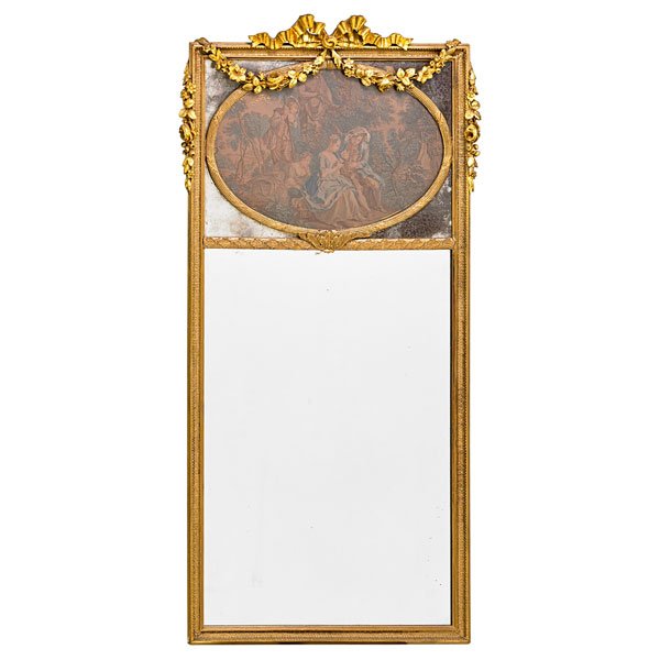 GROUP OF THREE MIRRORS: Sheraton with eglomise panel together with a Neoclassical style and a curly maple frame, early 20th c.; Largest: 40 1/2" x 20 1/2"; Provenance: The Stokes Family Collection, Princeton