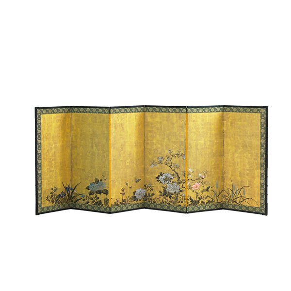 JAPANESE PAINTED SCREEN: Floral design, six panels, early 20th c.; 42" x 109";Proceeds Benefit the George Nakashima Foundation for Peace, New Hope, Pennsylvania