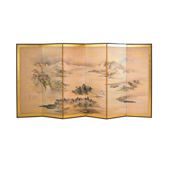 JAPANESE PAINTED SCREEN: Landscape decoration, six panels, 19th c.; 67" x 147"; Provenance: Proceeds Benefit the George Nakashima Foundation for Peace, New Hope, Pennsylvania