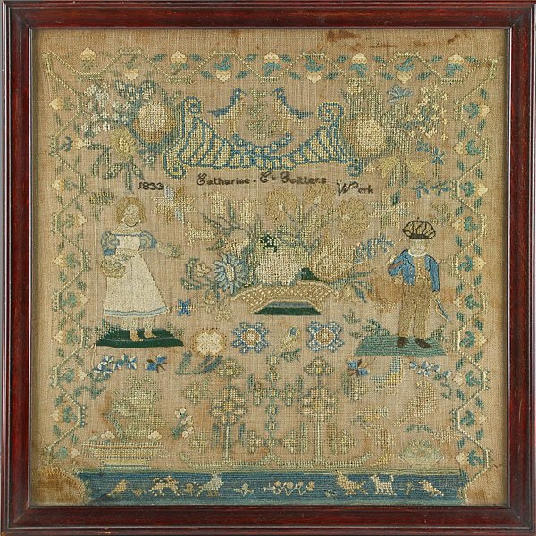 AMERICAN SAMPLER: By Catherine C. Ritters, with cornucopia and a young couple, 1833 (framed); 16" x 16"