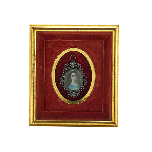 ENGLISH PORTRAIT MINIATURE: Mounted in shadow box with sterling frame embellished with rose cut diamonds, late 18th/ early 19th c.; 3" x 2" (framed)