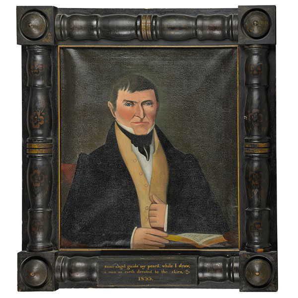 STYLE OF EDWARD HICKS (American, 1780-1849): Oil on canvas primitive portrait of gentleman with "Some angel guide my pencil, while I draw, A man on earth devoted to the skies," painted on frame, 1833 (framed); 26 1/2" x 24 1/4"