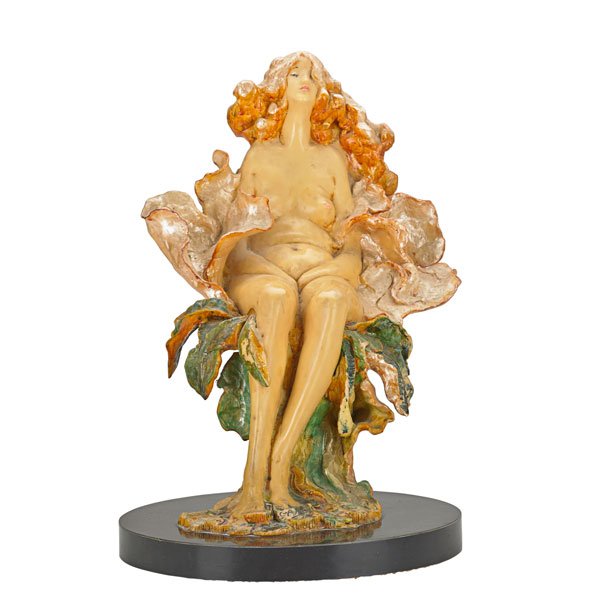 FRANK GALLO (American, b. 1933): Cast resin sculpture of a reclining nude on a bed of flower petals; Signed Gallo; 17 1/2" x 12" d.