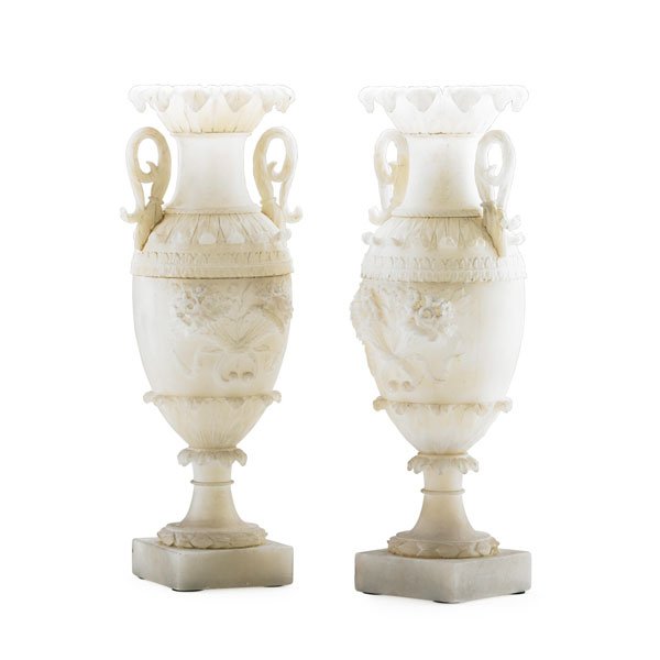 PAIR OF ITALIAN ALABASTER URNS: Alabaster, carved with ribbon tied, flower filled cornucopias, late 19th c.;13 1/4"