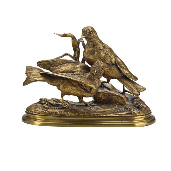 JULES MOIGNIEZ (French, 1835-1894): Gilded bronze of two pheasants and foliage; Signed; 7 1/3" x 9"