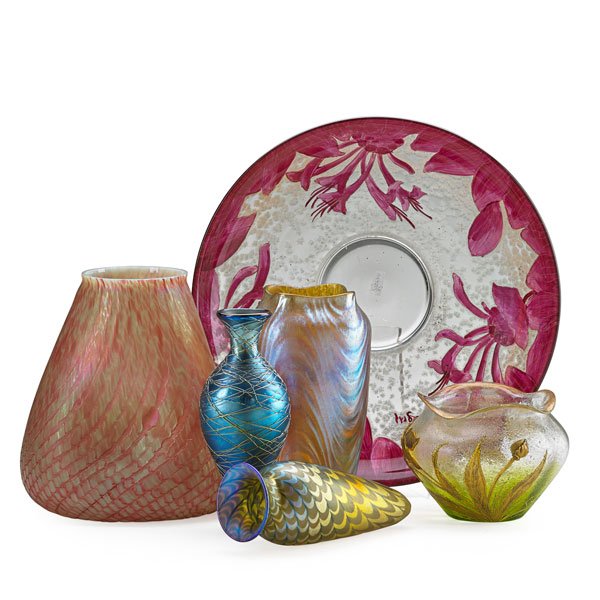 GROUP OF ART GLASS: Six pieces including Legras centerpiece bowl, two Loetz type vases, flower gilded rose bowl and two segments of vases, Continental, 20th c.; Legras: 2 3/4" x 14"