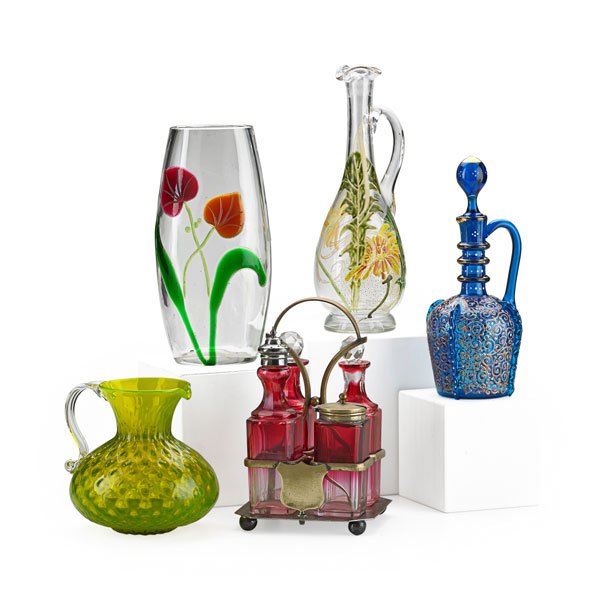 GROUP OF ART GLASS: Five pieces including cranberry glass castor set, vaseline pitcher with applied handle, blue glass enameled ewer, floral enameled cruet and cylindrical vase with floral decoration, Continental, late 1